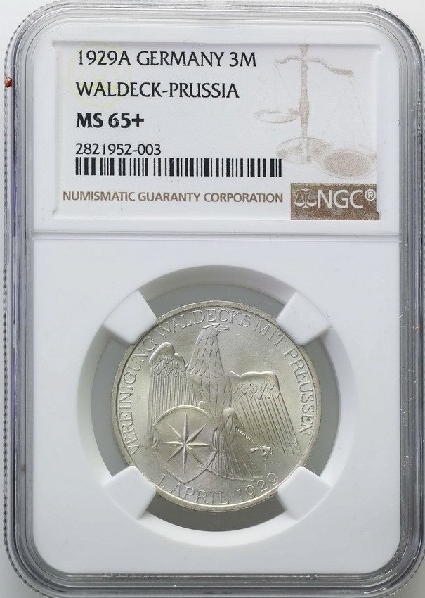 Niemcy. Weimar 3 Marki 1929 A Waldeck NGC MS65+